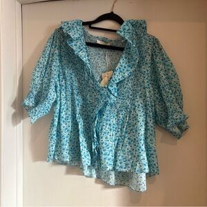 DÔEN Blue Floral Ruffle Henri Blouse